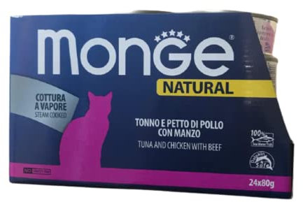 Monge Natural Superpremium quality Thunfisch und Hühnerbrust mit Rindfleisch für Katzen, Dampfgaren, 24 Dosen (80 g), ohne Farb- und Konservierungsstoffe