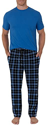 Fruit of the Loom Men's Fleece Sleep Pant and Knit Top Sleep Set (X-Large, Blue Plaid)