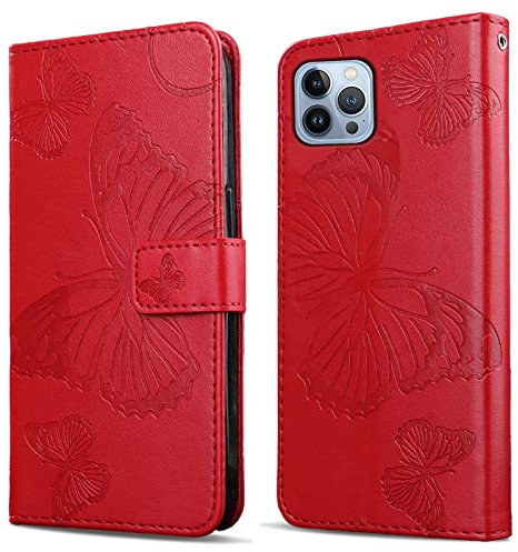 DENDICO Cover per iPhone 13 PRO, Portafoglio Custodia in PU Pelle per iPhone 13 PRO, Antiurto Cover a Libro con Slot per Carte, Rosso