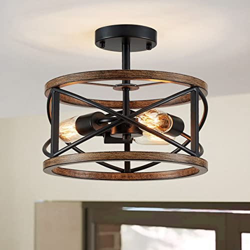 WUZUPS araña 3-luz imitación madera grano vintage granja industrial semi-empotrado lámpara de techo accesorio de iluminación para vestíbulo pasillo trastero cocina baño, h 30 x w 24, negro