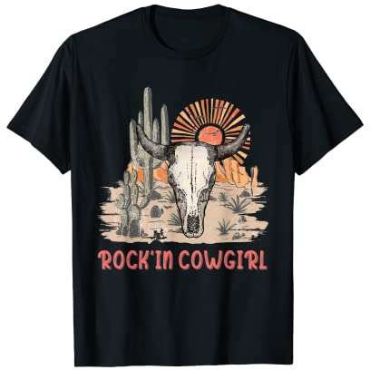 Süßes Kaktushemd aus Kuhfell im Vintage-Stil mit Bullenschädel, Rock'in Cowgirl T-Shirt