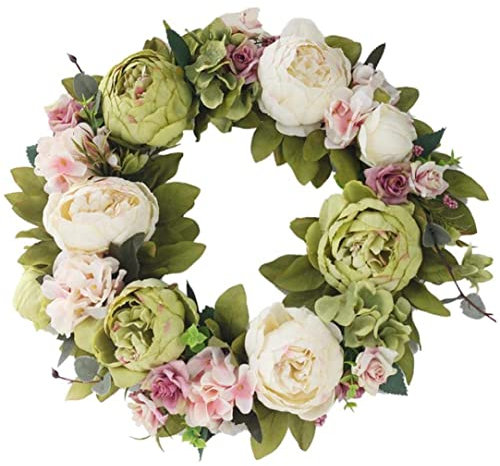 Door Wreath Artificial Peony Flower Front Door Wreath Spring Summer, All Season Floral Wreath for Living Room Wall Garden Decor