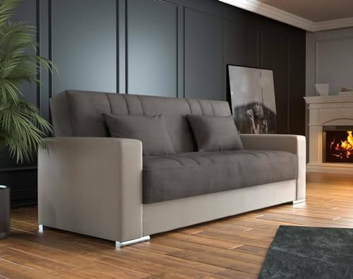 Dmora - 3-Sitzer Schlafsofa Sergio, Sofa mit Stauraum aus Öko-Leder und Stoff, Sofa mit klick-Klack-Öffnung und 2 Kissen, 230 x 96 x 101 cm, Beige und Grau