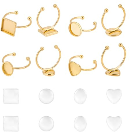 UNICRAFTALE 8 Set 4 Stile Rohlinge Ringe Cabochon Ring Basis Herz Quadratisch Rund Cabochon Ring Gold Manschetten Fingerringe Mit 8 Stk Glas Cabochons Ringe Lünette Für Ringe Schmuckherstellung