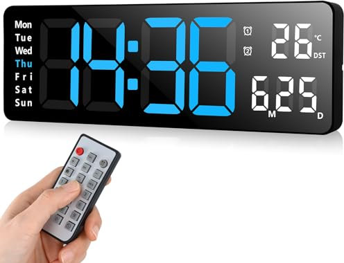 Fuloon Digital Wall Clock, 13 inch Large Display Digital Alarm Clock, Adjustable Brightness LED Digital Clock with Remote Control, Countdown Clock with Date, Week, Temperature(Plug In Electricity)