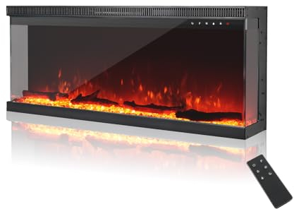 MachenFlame 102 cm (40 Zoll) elektrischer Kamin, 3-seitig, Panorama-Glaseinsatz zur Wandmontage, mit 9-Farbiger Flamme, unabhängiger Kaminheizer, 900 W / 1800 W, Schwarz