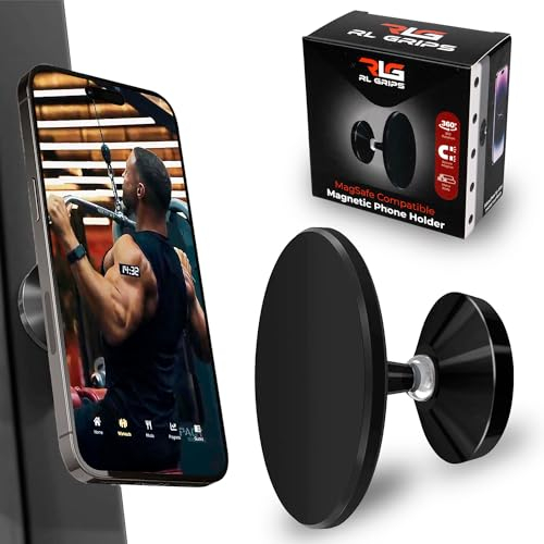 RL Grips - Soporte Magnético Gym para Móviles Grandes y Pequeños - Imán Gym Ideal para iPhone con Rotación 360º - Soporte de Teléfono para Coche y Máquinas de Gimnasio con 3 Pegatinas Metálicas