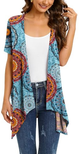 Wiwclo Short Sleeve Blue Floral Cardigan for Women Lightweight Summer Open Front Kimono Cardigans with Pockets Duster Jacket Top Drape Hem,2XL