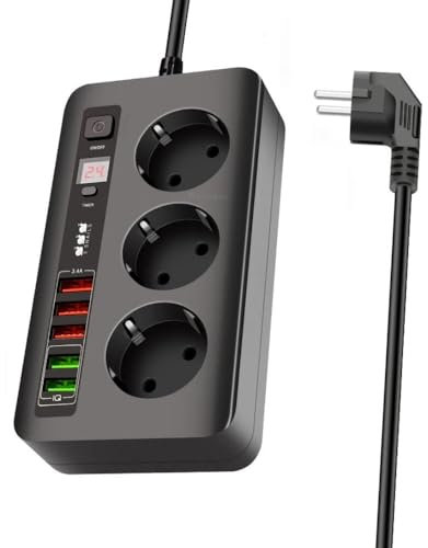 Zeitgesteuerte Steckdose Mehrfachsteckdose (2500W 10A) 3-Wege-Steckdosen 5USB-Anschlüsse Steckdosenleiste mit Überspannungsschutz 3M-Verlängerungskabel EU-Steckdose (Schwarz)