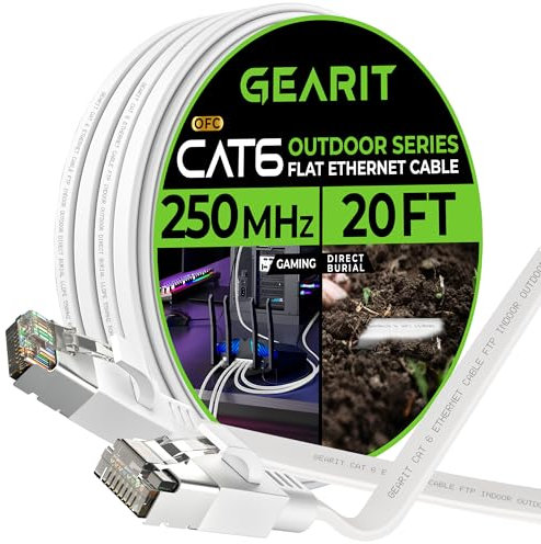 GearIT Cat6 Flat Outdoor Direct Burial UV Waterproof Ethernet Cable, 250MHz, 10Gbps, RJ45, White, 0.4lbs, 8Pins, For Gaming, Networking, Computer, Router, Switch