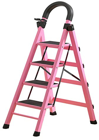 4 Step Ladder, Folding Step Stool with Handle, Step Stool 5 Step with Wide Anti-Slip Pedal, Portable Lightweight Stepladder for Household and Office - 550-Pound Capacity/Red/4 Step Ladder (Pink 4 Ste