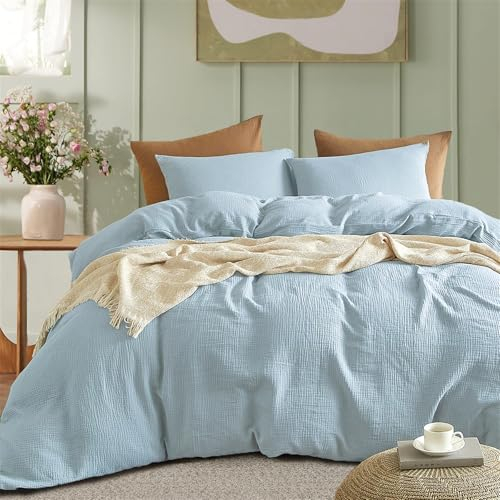 Gezu Doppelte Muslin Bettwäsche 135x200 Hellblau 100% Baumwolle Muslin Bettwäsche-Sets Set Bettbezug mit 1Kissenbezüge 80x80cm Sehr Atmungsaktiv Bequem Bettwäsche Einzelbett mit Reißverschluss
