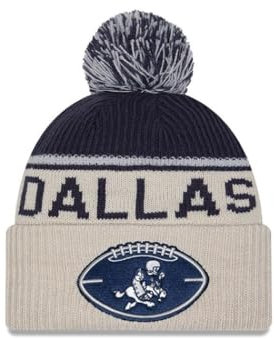 New Era Dallas Cowboys NFL 2024 Sideline Historic Sport Knit Beige Blau Bommelmütze - One-Size