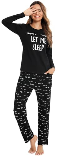 SPKPKEY 2-teilig Damen Baumwoll-Schlafanzug Langarm mit Niedlichem Print Loungewear Nachtwäsche Set