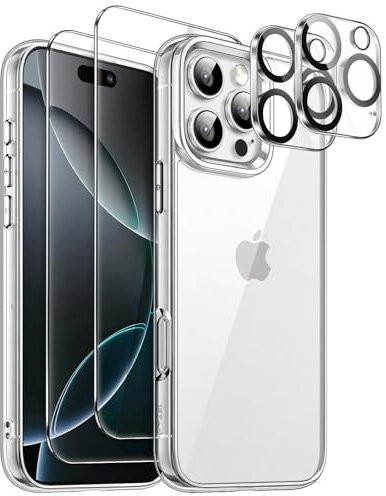 JETech 5 in 1 Case for iPhone 16 Pro 6.3-Inch with 2 Pack Each Tempered Glass Screen Protectors and Camera Lens Protectors, Non-Yellowing Shockproof Bumper Phone Cover (Clear)