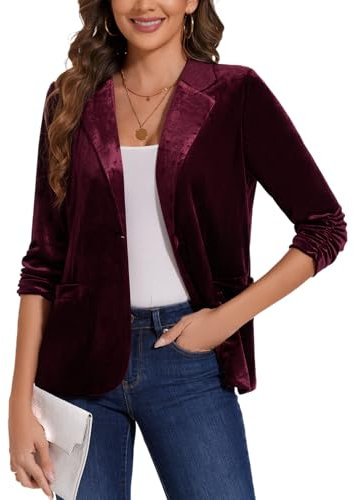 MINTLIMIT Casual Velvet Blazer Notch Lapel 3/4 Ruched Sleeves with Pockets Vintage Work Office Jackets Wedding Events (Wine Red S)