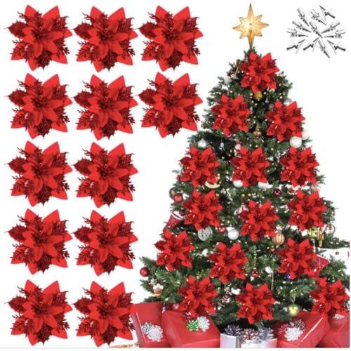 15 Fiori Albero Di Natale Rossi, Fiori Grandi Per Albero Di Natale Diametro 14 cm Resistenti Con Gancio Di Montaggio Incluso, Rose Rosse Per Albero Di Natale, Addobbi Natalizi