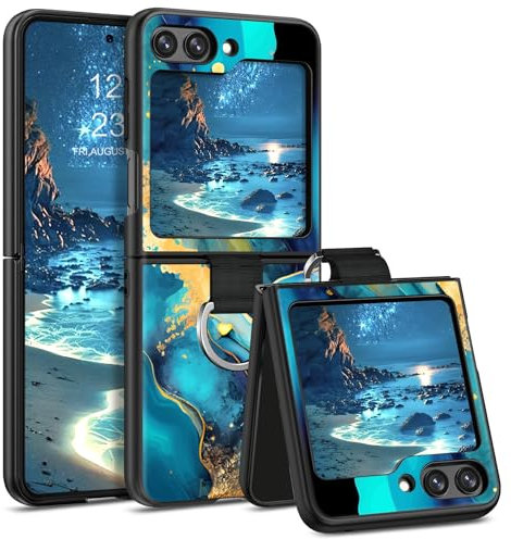 DOMAVER Hülle für Samsung Galaxy Z flip 6 5G mit Ring, Handyhülle Samsung Z flip 6 Case Wellen Muster Design Leuchtend im Dunkeln, TPU Dünne Stoßfeste Kratzfest Schutzhülle, Blau Grün