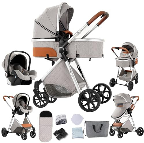Aveainelle Kinderwagen 3 in 1, Faltbarer Kinderwagen Set, Bequemer Multifunktionaler Kombikinderwagen 3 in 1 Komplettset (V9 Light Grey)