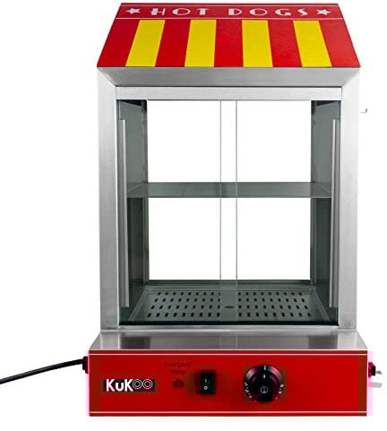 Hot Dog Steamer Cooker Electric Warmer Stainless Steel Machine Commercial Sliding Glass Doors Removable Solid Shelf 2 Grated Trays Adjustable Thermostat 30 °C – 110 °C 2000W FREE Tongs 3 Sauce Bottles