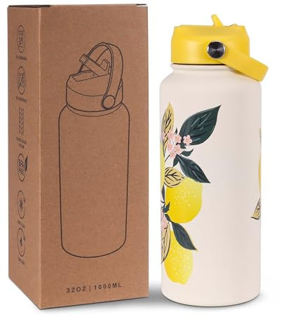 Goetland Floreale Bottiglia Termica con Cannuccia 1 Litro Borraccia Termica Bottiglia Acqua Termiche Borracce Termiche Acciaio Inox Metallo Senza BPA Isolamento Limone