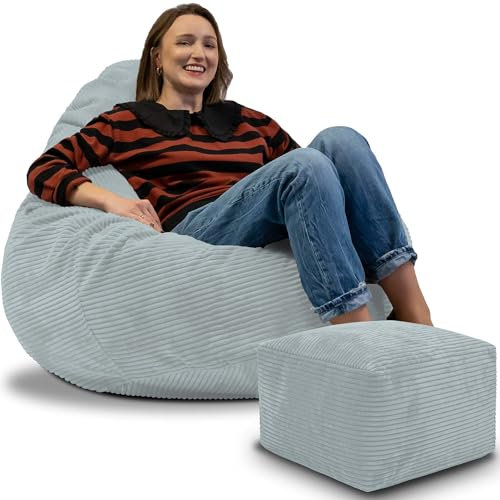 DreamRoots Sitzsack Erwachsene Cord oder Kinder - Bean Bag Sofa - Sitzsack Cord mit Hocker und Bezug - Sitzsäcke mit Füllung 90x90x100 cm Green Lily