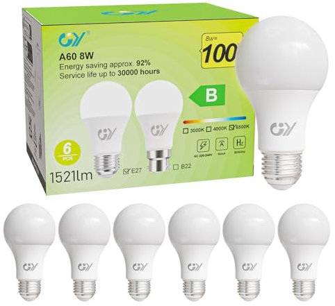 GY E27 Led Kaltweiss Glühbirne, 8W 1521LM Energiesparlampe, Ersetzt 100W Halogenlampen, Energieeffizienzklasse B, A60 Led Kaltweiß, Abstrahlwinkel 360°Leuchtmittel, Nicht Dimmbar, 6 Stück