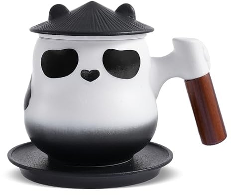 Tea Mug with Infuser and Lid, 400 ML Cute Panda Tea Cup with Strainers for Loose Leaf Tea Diffusers, Wood Handle Ceramic Cute Tea Infuer Mugs for Tea Lovers Gifts, Collector's Mug for Women