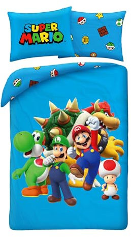 Super Mario mit Luigi Toad Bowser und Yoshi – Bettwäsche-Set Bettbezug 140 x 200 cm + Kissenbezug 70 x 90 cm – wendbar – 100 % Polyester – Blau