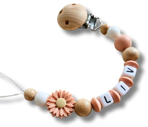 Lovely Personalisiertes Baby Geschenk, Schnullerkettchen, Schnullerband, Personalisierte Kette, Mädchen/Junge, verschiedene Farb-Varianten Daisy (2.Peach)