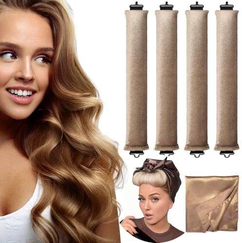 Heatless Hair Curler mit Satin Silk Head Hair Scarf, Heatless Velvet Jumbo Flexi Rods mit Haken für alle Haartypen (4 Stück/Khaki)