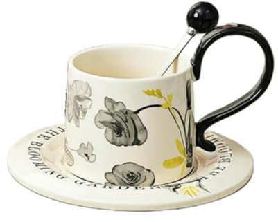 HUMOCHUSON Porcelana Juego De Taza Y Platillo De Café De Cerámica De 280 Ml Con Flores Pintadas A Mano Y Cuchara
