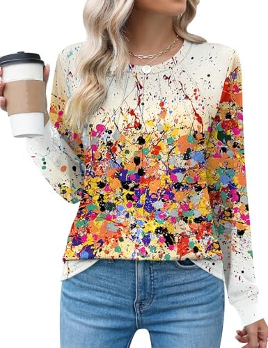 Rapbin Women's Going Out Tops Long Sleeve Casual Crew Neck T-Shirts Fashion Laides Pleated Holiday Blouses