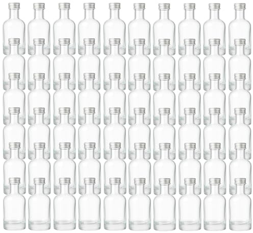 gouveo Lot de 60 mini bouteilles rondes en verre de 50 ml avec bouchon à vis argenté à fond épais et goulot étroit Idéal pour liqueurs, huile, échantillons, cosmétiques (KFT050S)