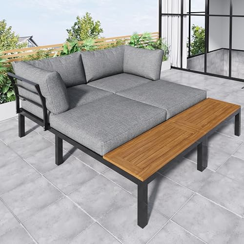 BXEYXE Garten-Lounge-Set (2 Zweisitzer. 2 Beistelltische. 1 Tisch). Tischplatte aus massiver Akazie. Stoffbezug für Rückenlehne. grau
