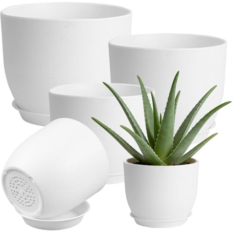 TEYIAN 5 Pack Plant Pots Indoor Plastic Flower Pots with Drainage Holes and Saucers Modern Decorative Planters Succulent Indoor Outdoor Plants(White)