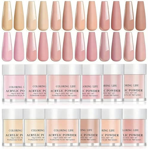 Nail Acrylic Powder Set - 12*10g Acrylic Nail Powder - Nude Pink acrylic powder for Nails Extension, Carving Art, French Manicure, Natural Colour - Long Lasting Acrylic Nails for 21+ Days, No Need UV