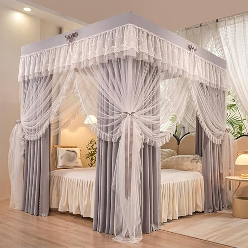 Himmelbett VorhäNge mit RüSchen, Prinzessin Canopy Bed Curtains, Drapiernetz mit 4 öFfnungen, Elegantes Moskitonetz für Mädchen und Erwachsene, Schlafzimmer, Dekoration,E,180 * 200cm* Without Stand