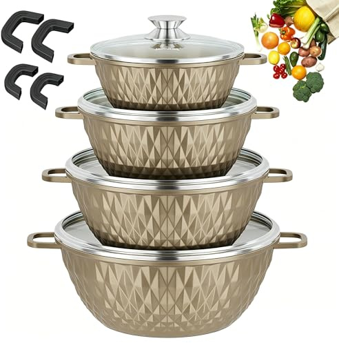 HOMELUX Topfset Induktion 8-teilig, Kochtopf Set mit Glasdeckel | 20/24/28/32cm Aluminiumguss, Antihaftbeschichtet, für Alle Herdarten, PFOA/PFOS-frei, Diamantform & Braun