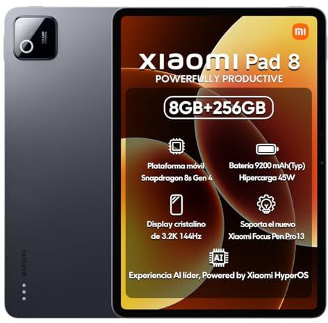 XIAOMI Pad 8 Ai WiFi versión global (sin llamadas ni mensajes de texto) 11.2 pulgadas 3.2K 144Hz 9200mAh cuatro altavoces cámara de 13 Mp modelo 25097RP43G (gris, 256GB + 8GB)