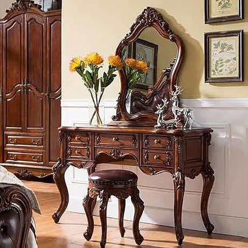 KIBONCY Schminktisch aus massivem Holz, Vintage-Schminktisch mit Stauraum for das Schlafzimmer, Kleiner im europäischen Stil geschnitzten Details, kompakter Schreibtisch