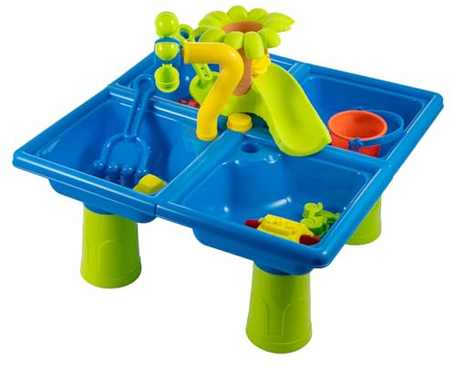 FERNVALE Sand and Water Table for Toddlers, Double Compartment Sensory Play Table Portable Outdoor Water Play Set with Water Wheel, Boat & Moulds for Kids 18 Months+ (24)