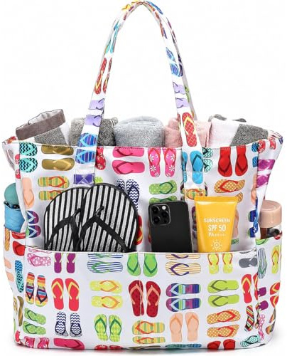 Rosqmor Strandtasche Leopard, Badetasche Groß Damen, Beach Bag mit Reißverschluss, Familie Reisetasche Shopper Tasche Damen für Strand, Pool, Fitnessstudio, Einkaufen, Reisen
