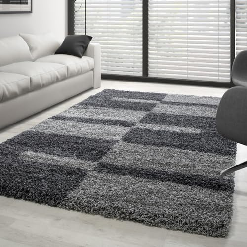 Carpettex Hochflor Teppich Wohnzimmer Shaggy Flokati Teppich Modern Kariert Design 140 x 200 cm Grau - Teppich Schlafzimmer Weich Flauschig Waschbar Teppich Küche Esszimmer - Langflor Teppiche