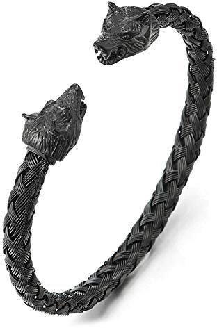 JewelryWe Schmuck Herren Armband Edelstahl Gegenüber Wolf Wolfskopf geflochten Draht Kabel Wikinger Biker Offen Armreif Armspange Schwarz