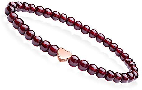 J.Endéar Naturedelstein Armband 5mm Granat Perlen Stretch Armband mit Rose Gold Herz Anhänger und Geschenktüte