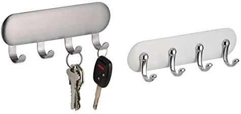 iDesign Schlüsselbrett mit Vier Haken, kleine Hakenleiste aus Edelstahl, Selbstklebende Wandhaken + Selbstklebendes Schlüsselbrett | wandmontierte Hakenleiste ohne Bohren