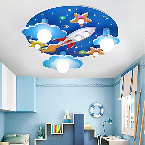 Universum Rakete Deckenleuchte Sterne Kinderleuchten E27 Holzhandwerk Glas Beleuchtung Ultradünn Flurlampe Weißem LED Lampe Babyzimmer Schlafzimmer Wohnzimmer Kinderzimmer Cartoon Lichter