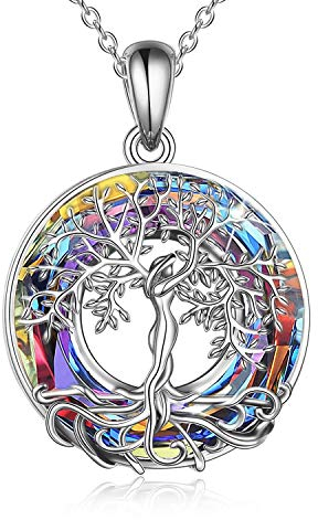 YAFEINI Baum des Lebens Halskette, 925 Sterling Silber Baum des Lebens Kristall Anhänger Schmuck Geschenke für Frauen