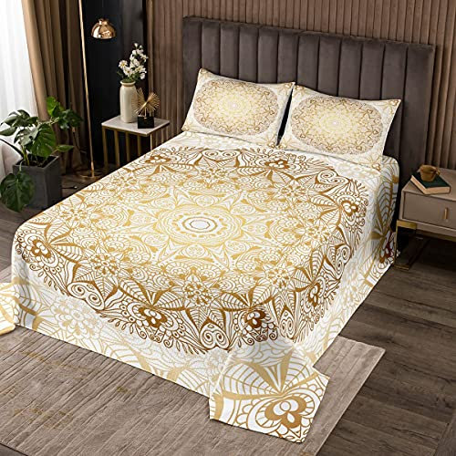 Boho Mandala Tagesdecke 220x240cm Bettüberwurf böhmischen Stil für Teenager Luxus Golden Weiß Mandala Dekor Steppdecke Exotisches Blumenmuster Wohndecke 3St